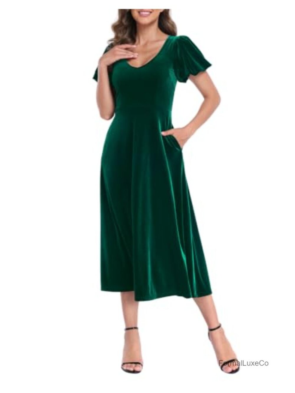 Velvet Midi Dress Short Puff Sleeve V-Neck Formal Party